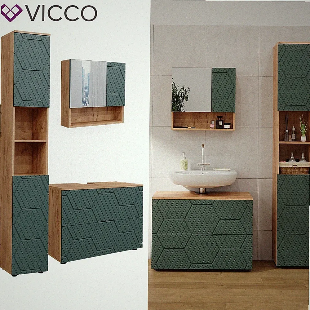 Badmöbel-Set Irma Eiche Grün 3-teilig Hochschrank Vicco