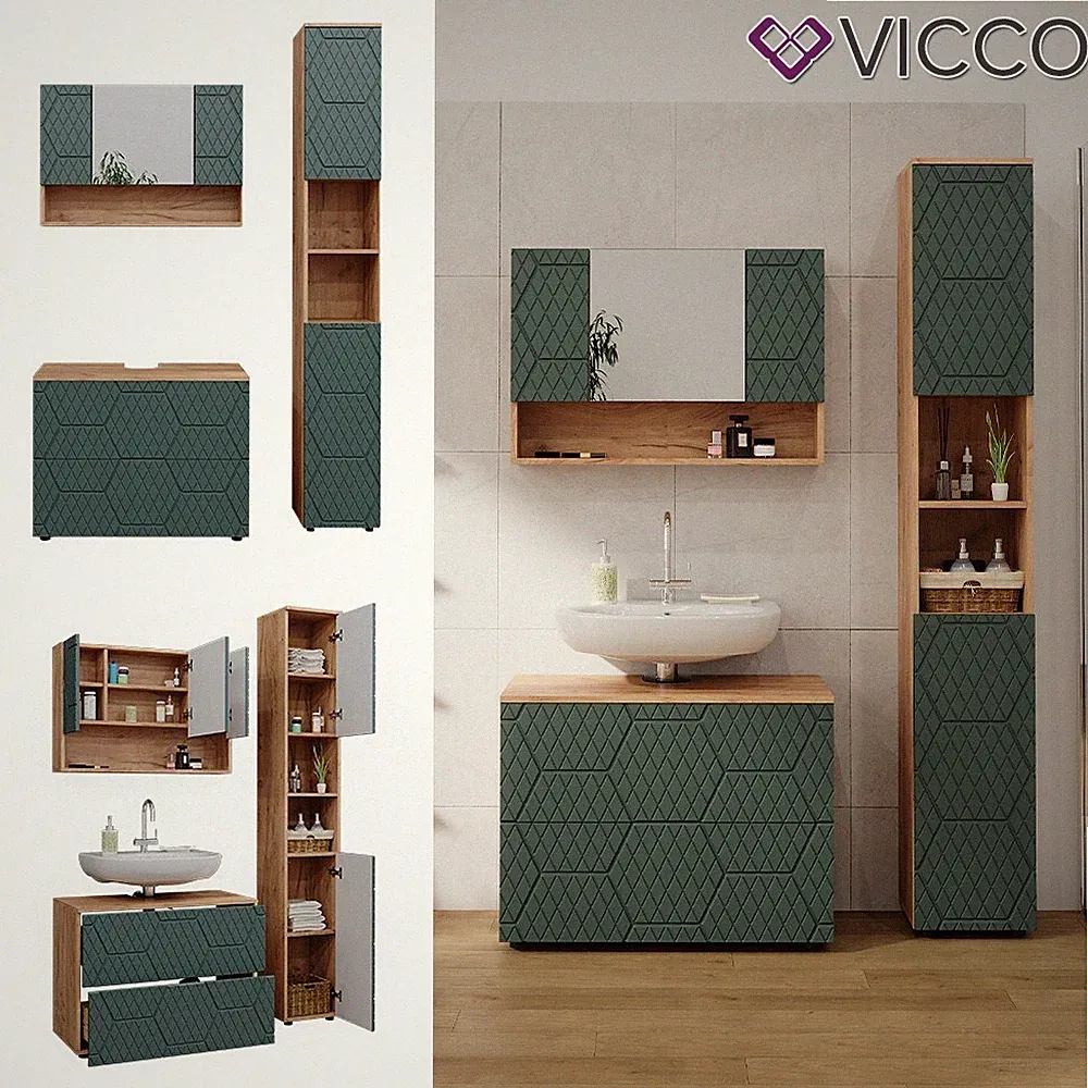 Badmöbel-Set Irma Eiche Grün 3-teilig Hochschrank Waschbeckenschrank Vicco