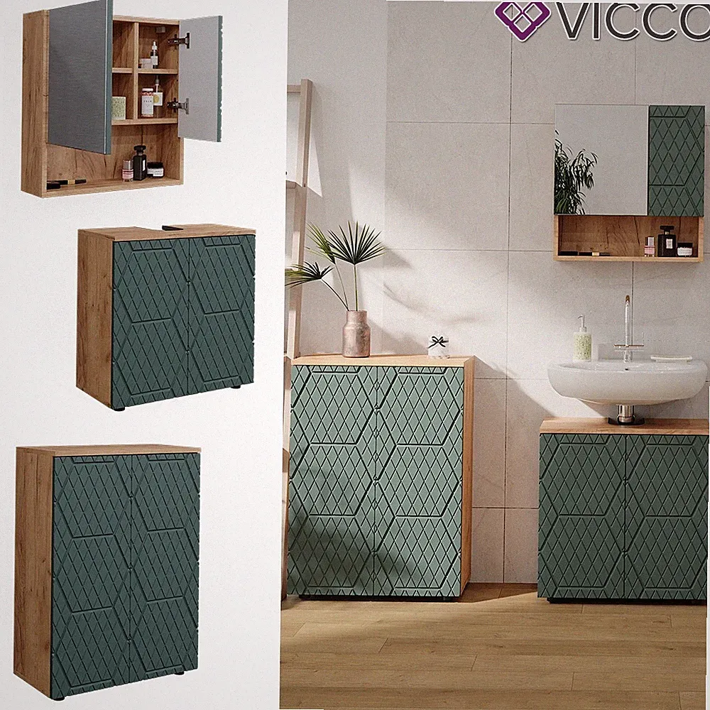 Badmöbel-Set Irma Eiche Grün 3-teilig Kommode Waschbeckenschrank 60 cm Vicco