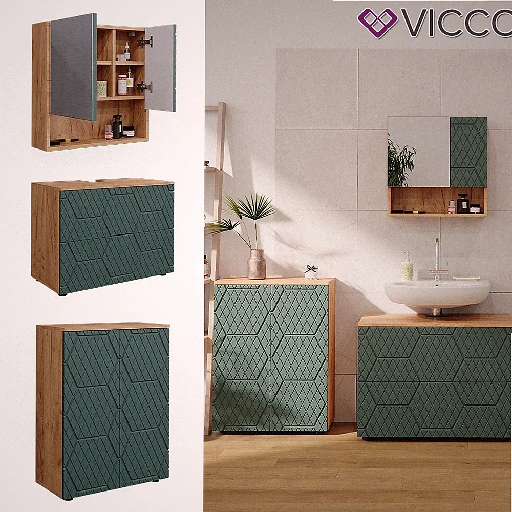 Badmöbel-Set Irma Eiche Grün 3-teilig Kommode Waschbeckenschrank 80 cm Vicco