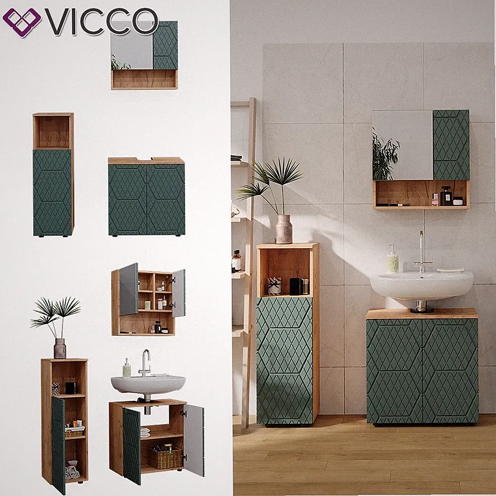 Badmöbel-Set Irma Eiche Grün 3-teilig Midischrank 95 cm Vicco