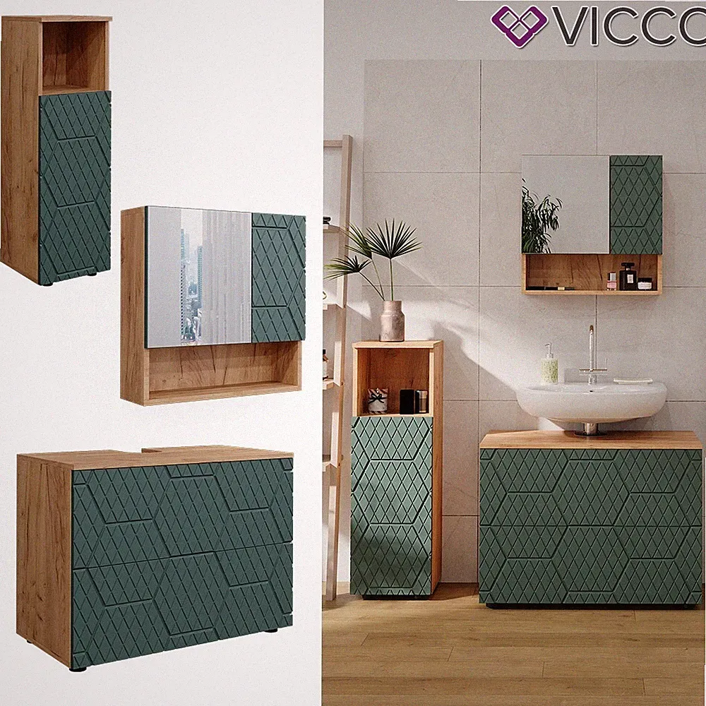 Badmöbel-Set Irma Eiche Grün 3-teilig Midischrank 95 cm Vicco