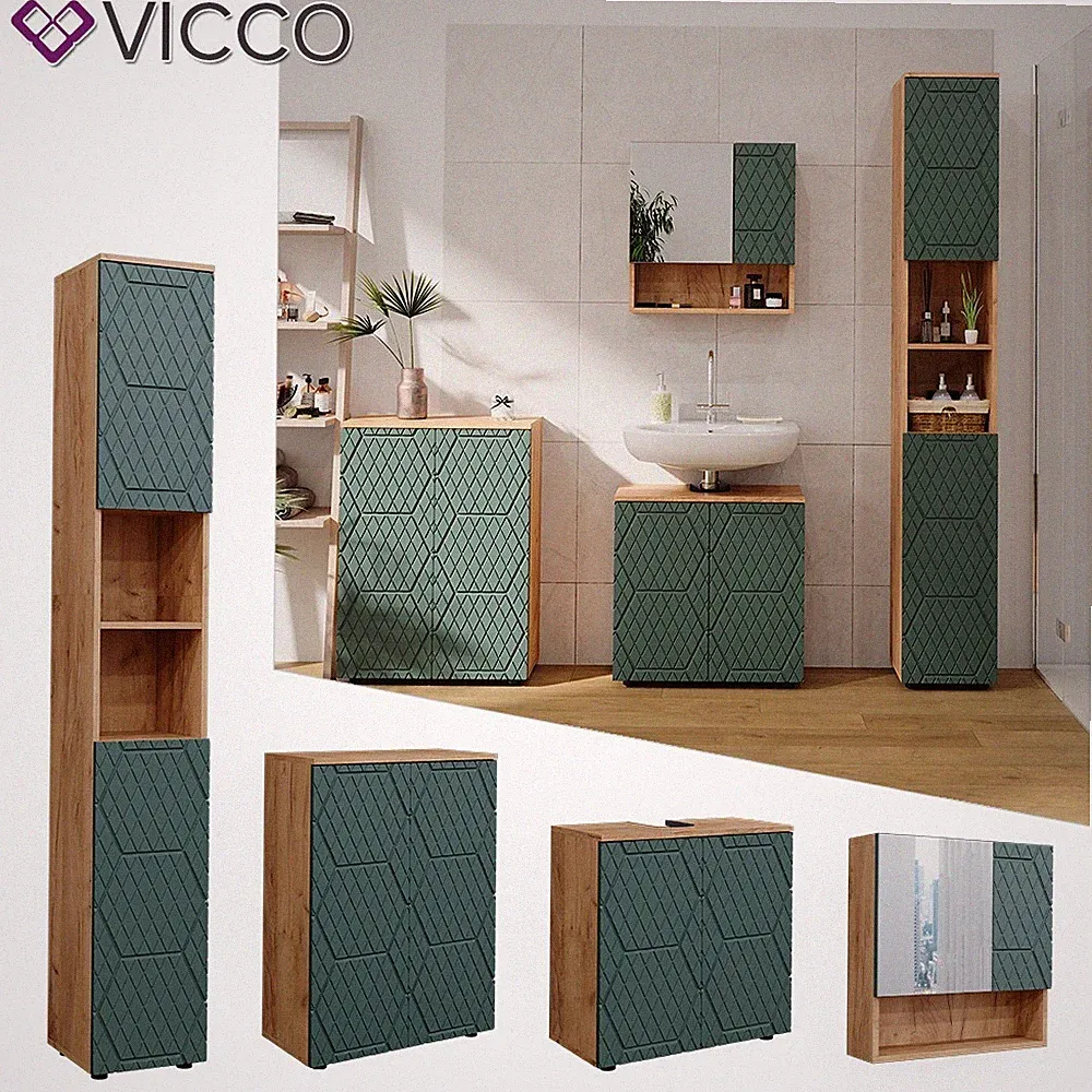 Badmöbel-Set Irma Eiche Grün 4-teilig Hochschrank Kommode Vicco