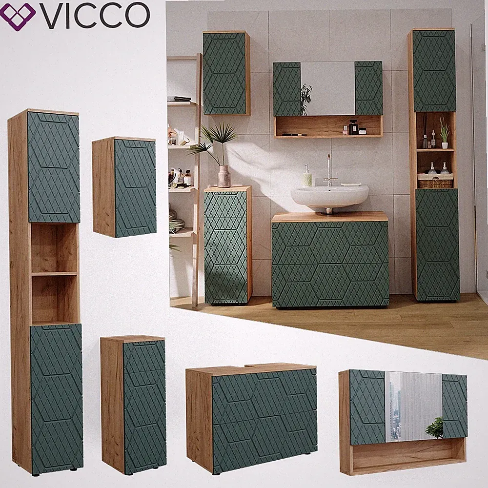 Badmöbel-Set Irma Eiche Grün 5-teilig Hochschrank Midischrank 81 cm Vicco