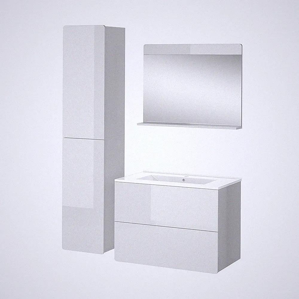 Badmöbel-Set Izan Weiß Hochglanz Waschbecken Badspiegel Hochschrank Vicco
