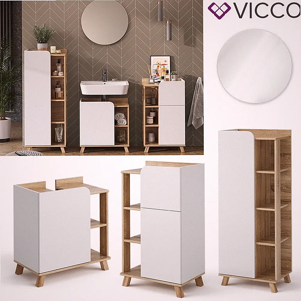 Badmöbel-Set Karen, Sonoma Weiß, moderne Badezimmerserie, 2 Farben Spiegel Vicco