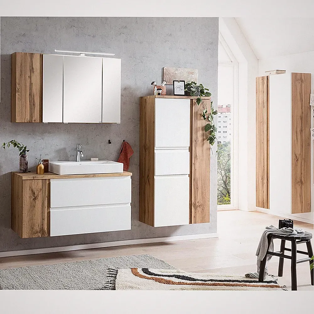 Badmöbel Set Komplett Eiche weiß Spiegelschrank Waschbeckenschrank Aufsatzbecken