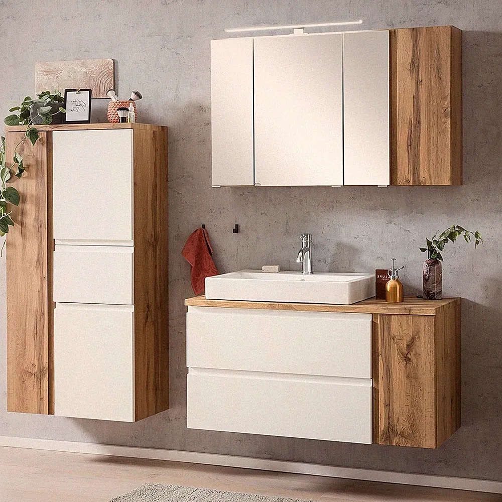 Badmöbel Set Komplett Eiche weiß Spiegelschrank Waschbeckenschrank Aufsatzbecken