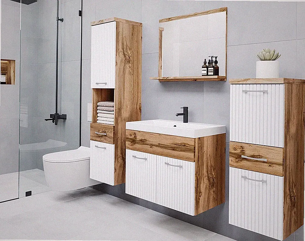 Badmöbel-Set Lawinja 5tlg MDF Spiegel Badezimmer-Set mit Waschbecken Trends