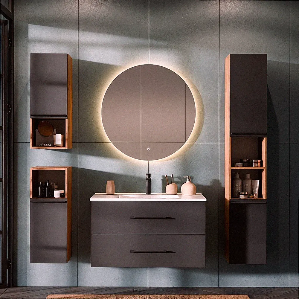 Badmöbel Set Lux 70 90 cm Eiche Badezimmermöbel Hochschrank Waschtisch Spiegel