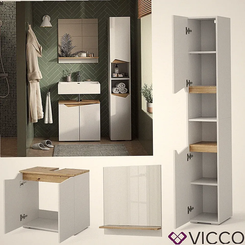 Badmöbel-Set Marelle Weiß Artisan Serie Hochschrank Badspiegel Vicco