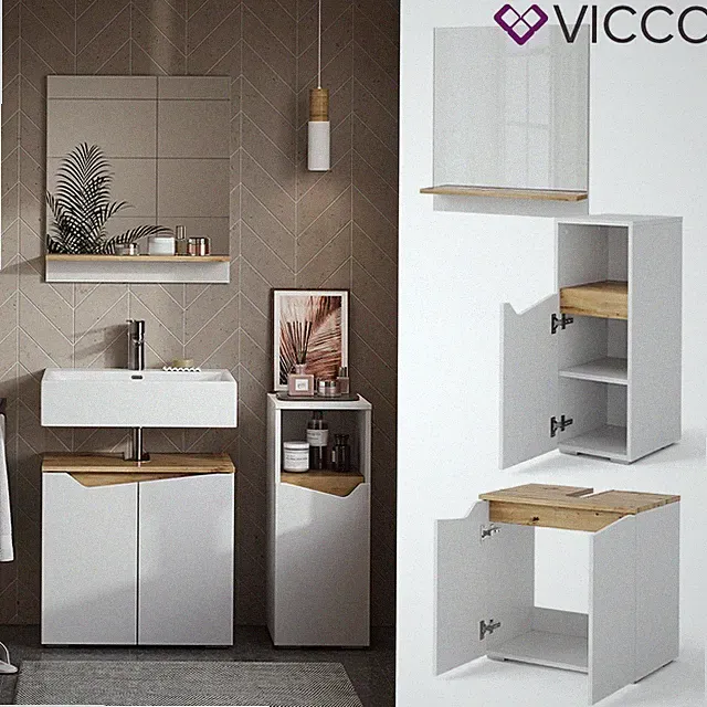Badmöbel-Set Marelle Weiß Artisan Serie Midischrank Badspiegel Vicco