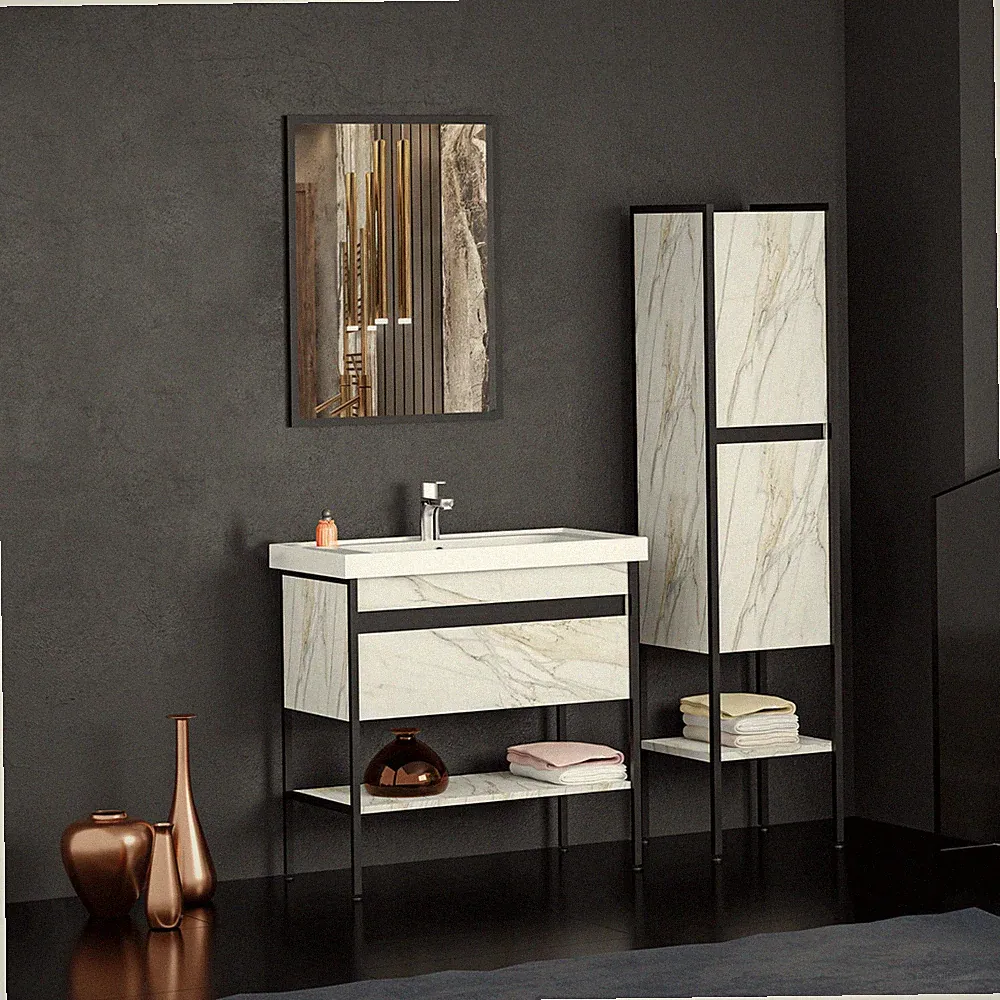 Badmöbel-Set Marmorlook Designbad | Spiegel Unterschrank Hochschrank Waschbecken