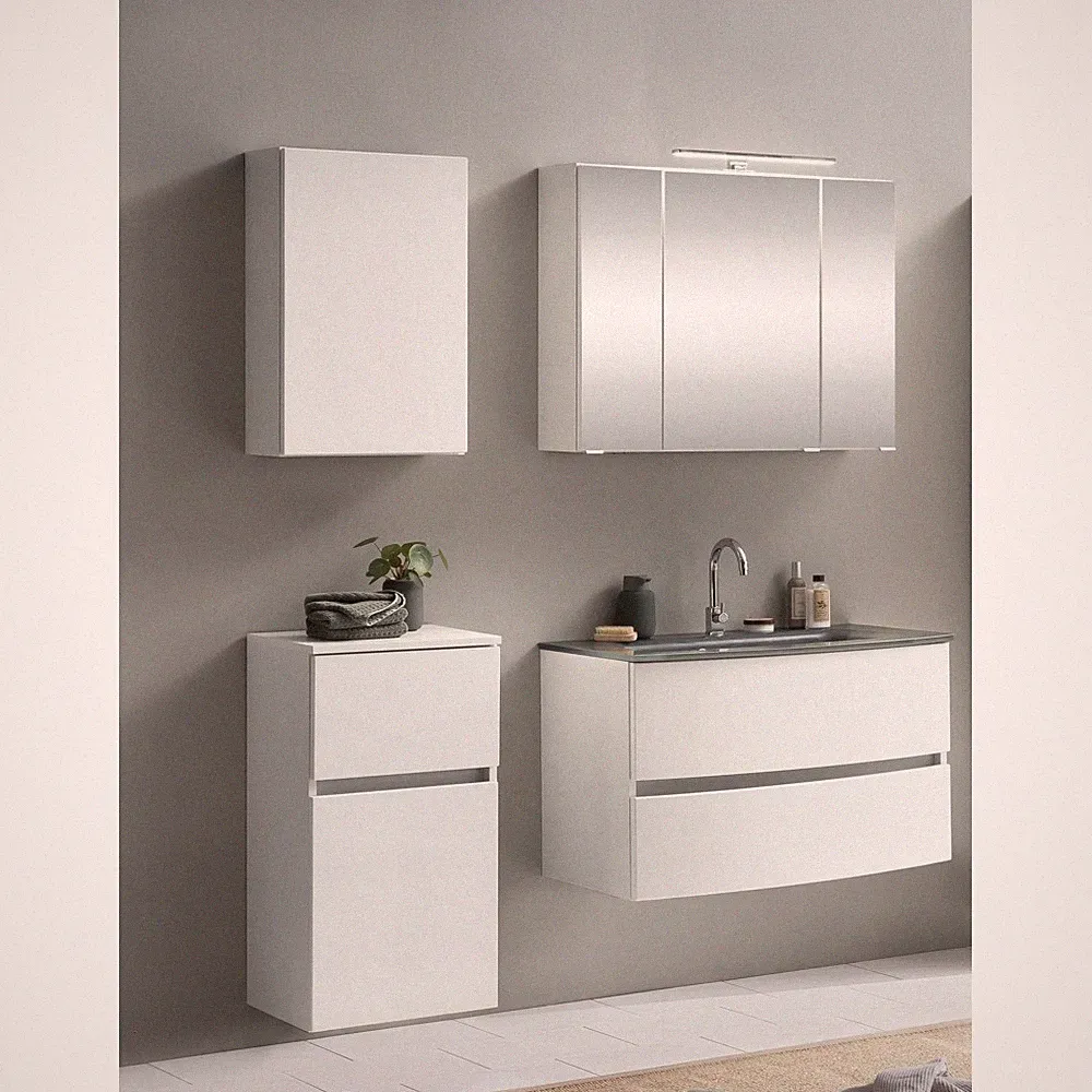 Badmöbel Set matt weiß Waschtisch LED-Spiegelschrank Unterschrank Hängeschrank