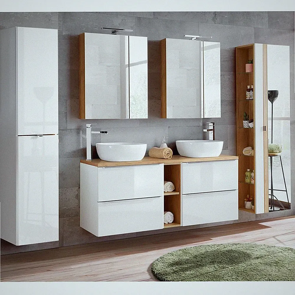 Badmöbel Set mit 2 Aufsatzbecken & 2 Spiegelschränken LED A++ Spiegelhochschrank