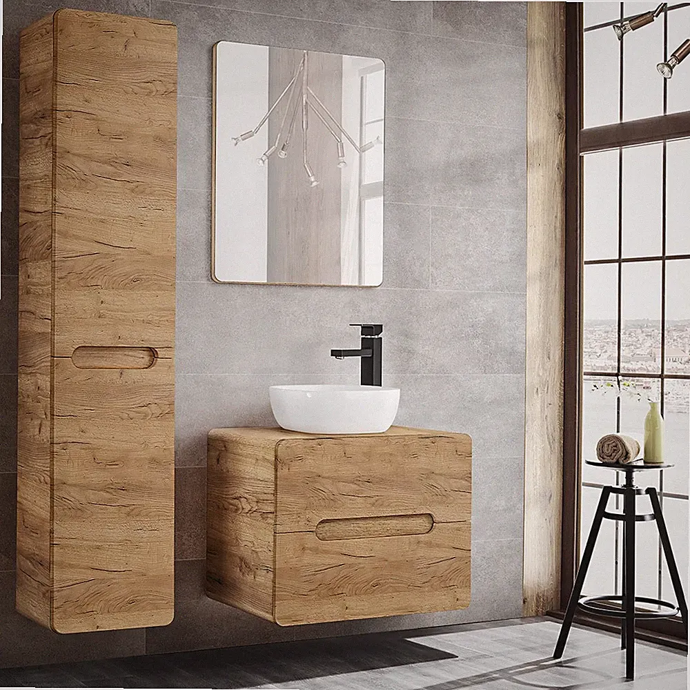 Badmöbel Set mit 60cm Waschtisch Wotaneiche Hochschrank Badspiegel Gäste-WC