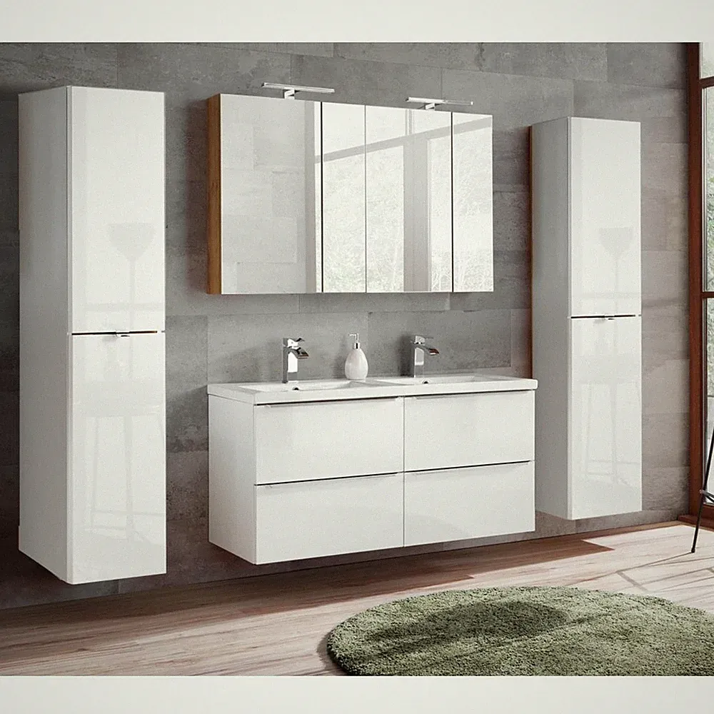 Badmöbel Set mit Keramik-Doppelbecken, 2x Spiegelschrank, 2x Hochschrank weiß HG