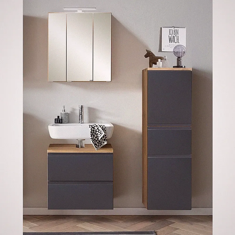 Badmöbel Set mit LED Beleuchtung, Wotan Eiche/matt grau, Midischrank, 3-tlg.