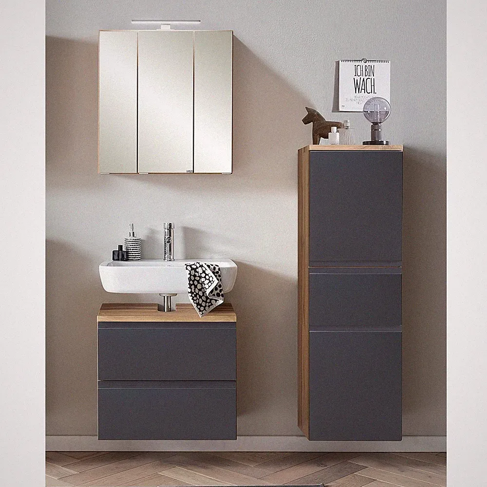 Badmöbel Set mit LED Beleuchtung, Wotan Eiche/matt grau, Midischrank, 3-tlg.
