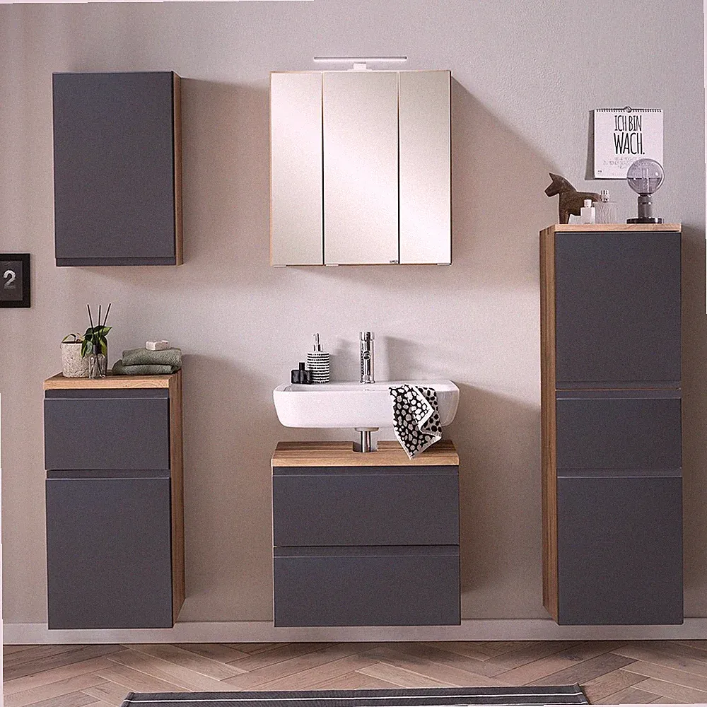Badmöbel Set mit Midischrank, stehend / hängend, Wotan Eiche / matt grau, 5-tlg.