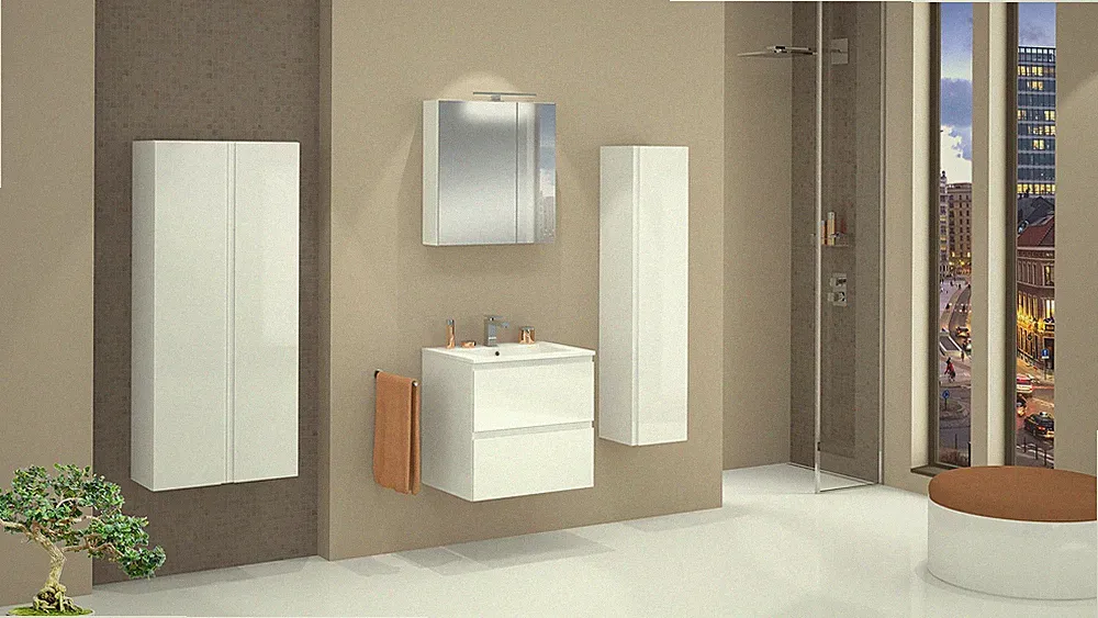 Badmöbel Set mit Waschbecken Keramik RENO 60cm WEISS HOCHGLANZ MDF LED SOFTCLOSE
