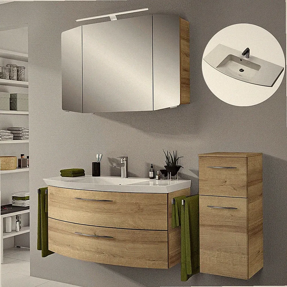 Badmöbel Set mit Waschtisch Unterschrank LED Spiegelschrank Eiche Badezimmer