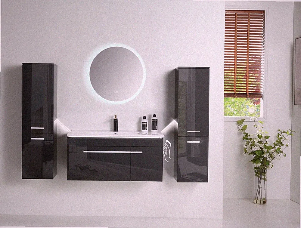 Badmöbel Set montiert Schwarz Hochglanz 5tlg Badezimmermöbel 90cm LED Badschrank