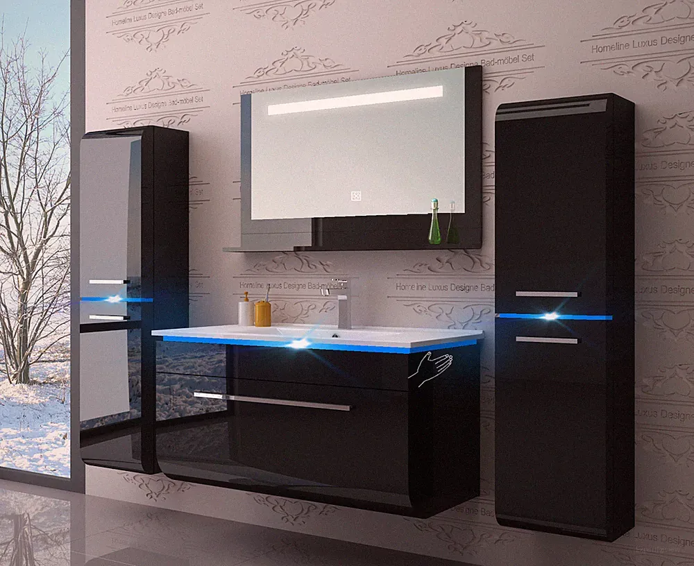 Badmöbel Set montiert Weiss oder Schwarz Hochglanz Badezimmermöbel 90 cm Led Sym
