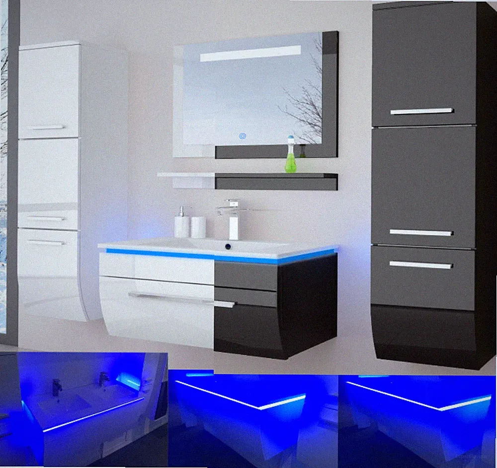 Badmöbel Set montiert Weiss oder Schwarz Hochglanz Badezimmermöbel Bis 6 tlg LED
