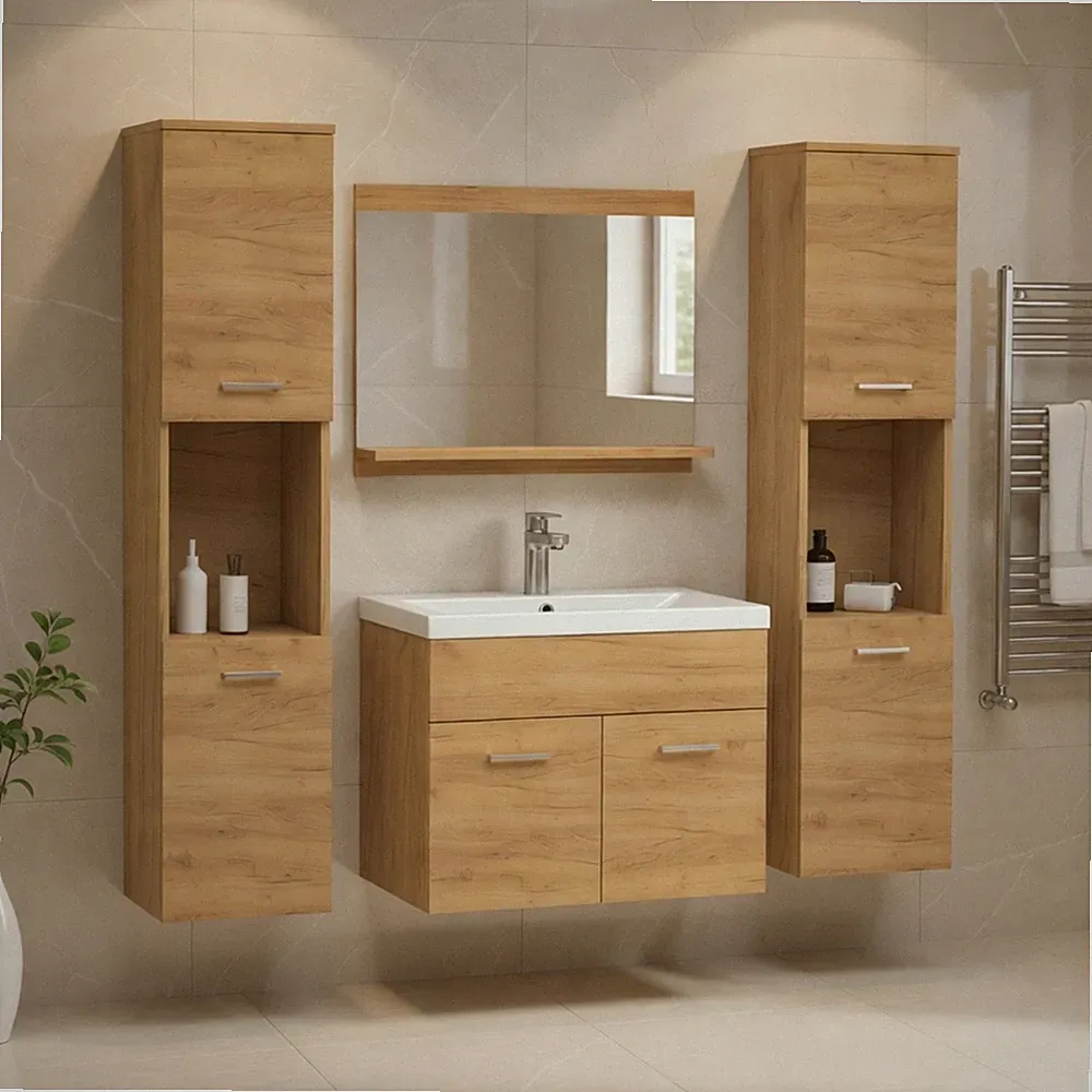 BADMÖBEL SET PURO MIT KERAMIK WASCHBECKEN UND SPIEGEL EICHE CRAFT