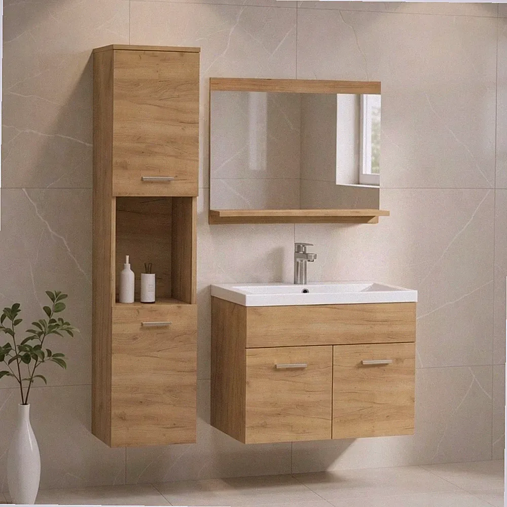 BADMÖBEL SET PURO MIT KERAMIKBECKEN & SPIEGEL EICHE CRAFT WASCHTISCH BADMÖBELSET
