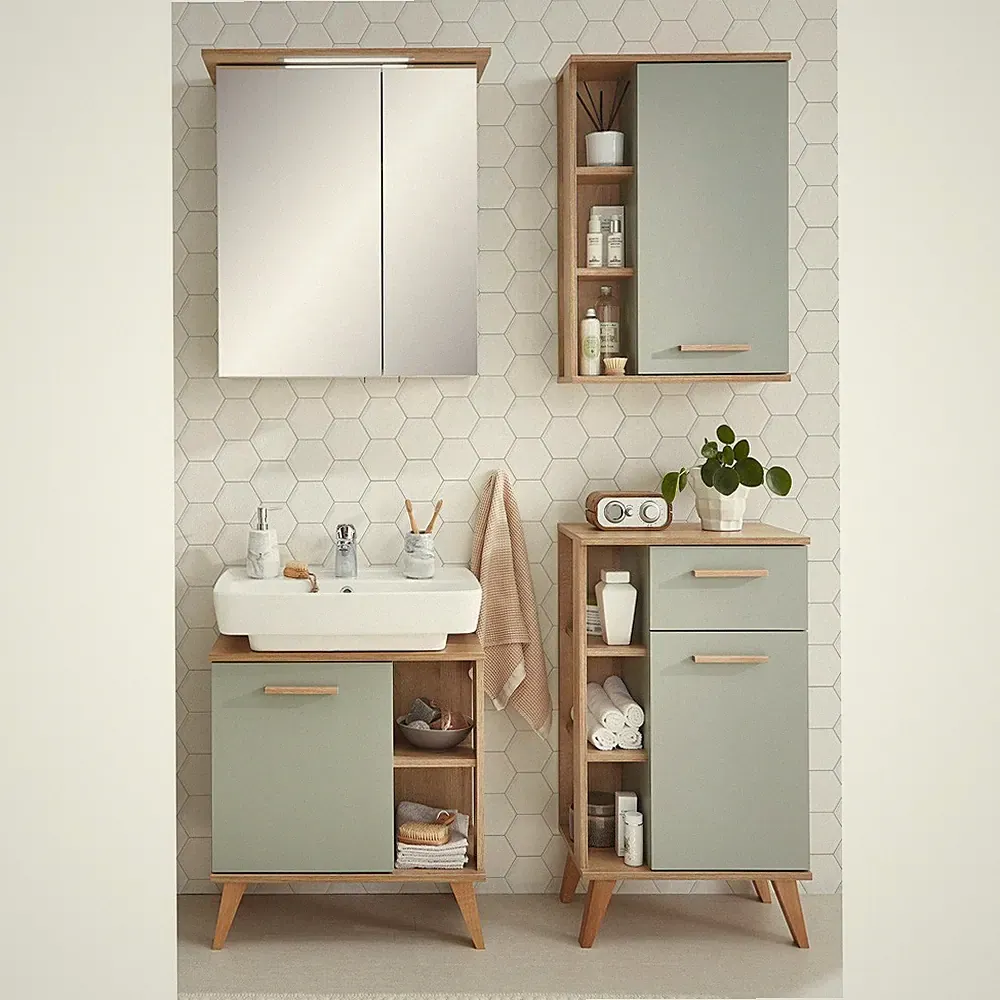 Badmöbel Set, Riviera Eiche Nb. mit Salbei Nb., Spiegelschrank, Beleuchtung