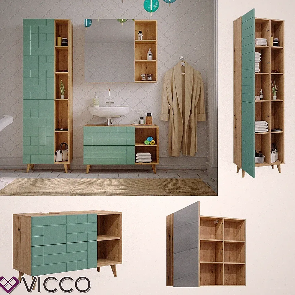 Badmöbel-Set Rudi in Eiche Evoke Mintgrün, Badezimmer, modern, 3-teilig Vicco