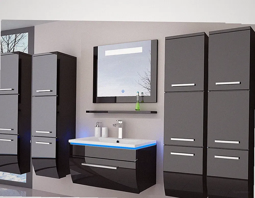Badmöbel Set Schwarz 180 cm Hochglanz Waschbecken Spiegel Komplett Bad LedSystem