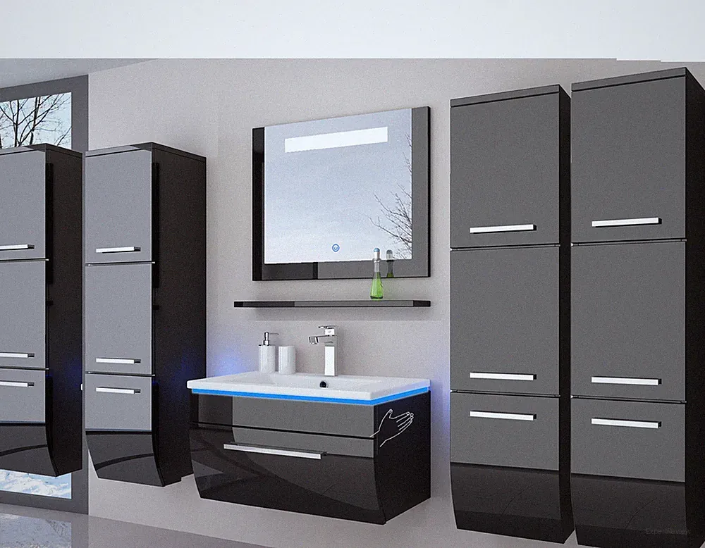 Badmöbel Set Schwarz 180 cm Hochglanz Waschbecken Spiegel Komplett Bad LedSystem