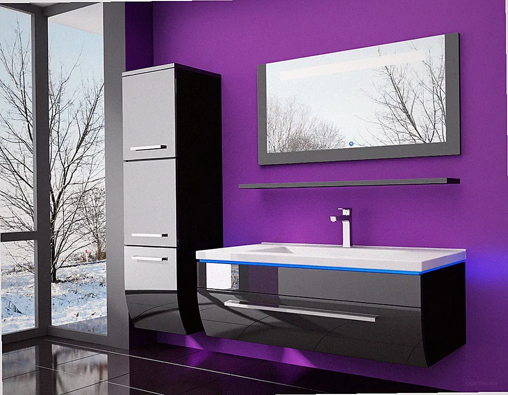Badmöbel Set Schwarz 215 cm Hochglanz Waschbecken Spiegel Komplett Bad LedSystem