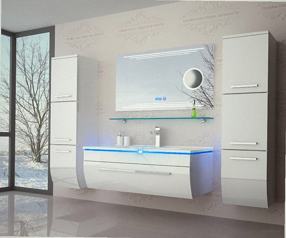 Badmöbel Set schwarz oder weiss hochglanz Kosmetik Badezimmermöbel 150 cm LEDUhr
