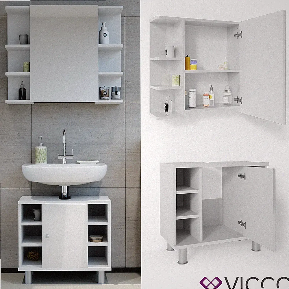 Badmöbel Set Spiegel Kommode Unterschrank Badschrank Fynn Weiß Hochglanz Vicco
