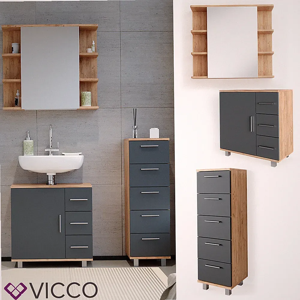 Badmöbel Set Spiegel Kommode Unterschrank Badschrank Ilias Eiche Anthrazit Vicco