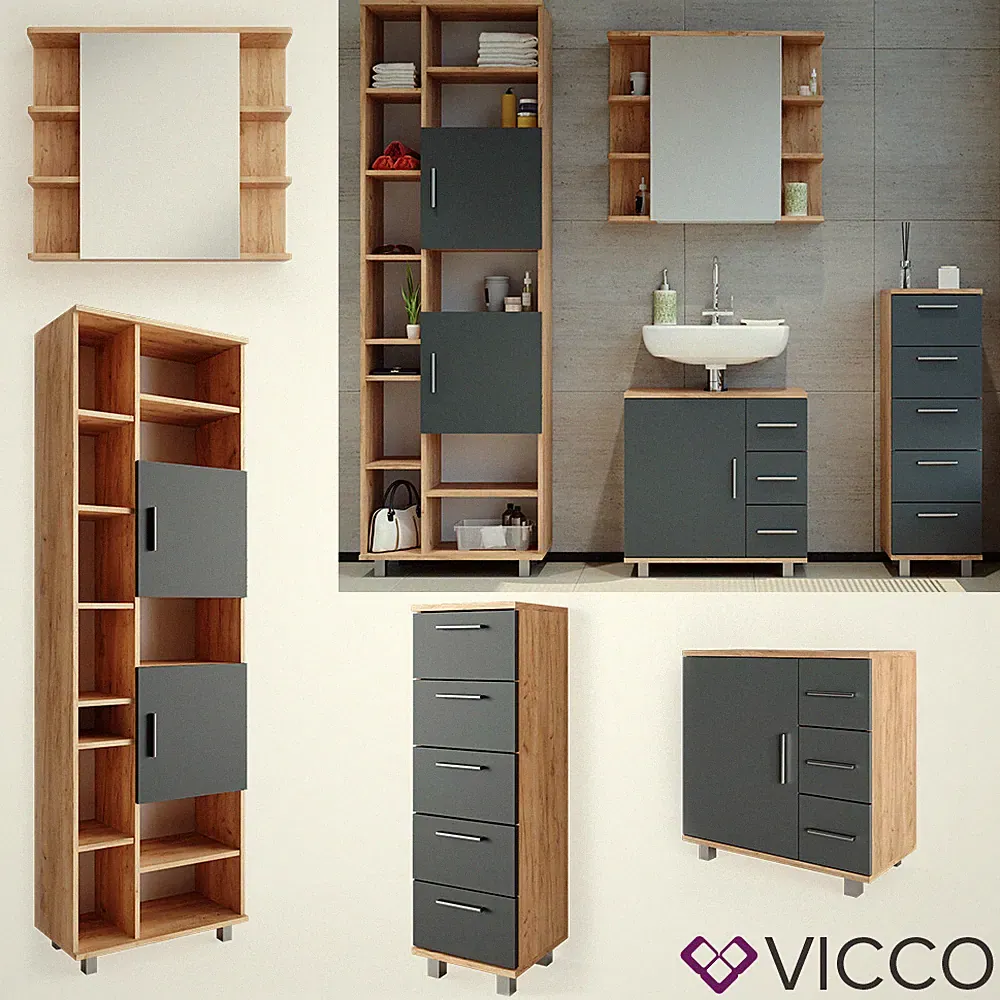 Badmöbel Set Spiegel Kommode Unterschrank Badschrank Ilias Eiche Anthrazit Vicco
