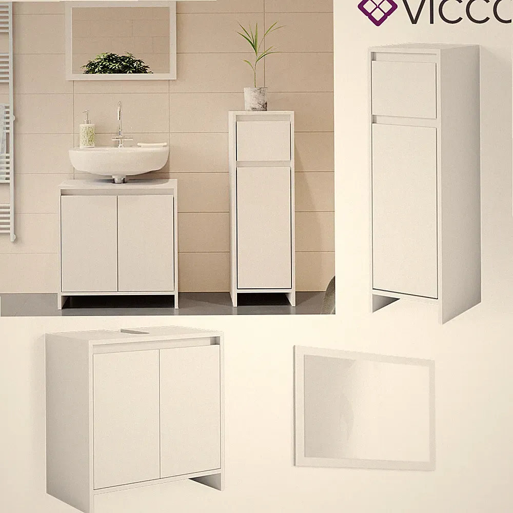 Badmöbel Set- Spiegel Waschtischunterschrank Midischrank Bad Emma Weiß Vicco