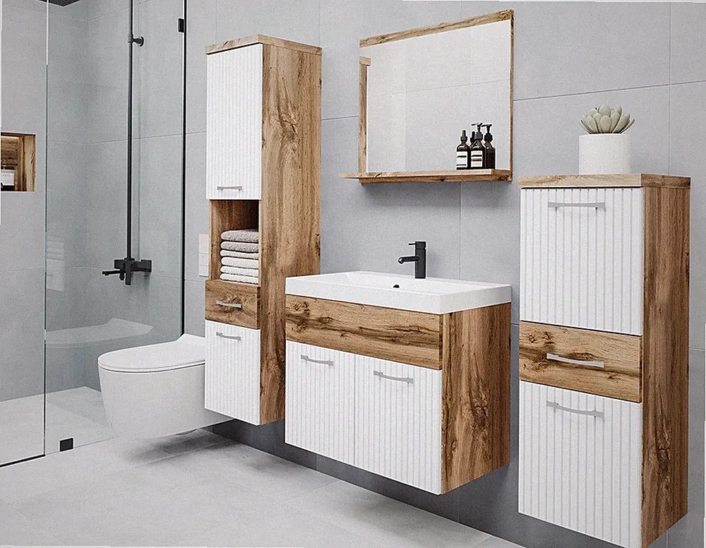 Badmöbel-Set Spring 5tlg MDF Spiegel Badezimmer-Set mit Waschbecken Trends