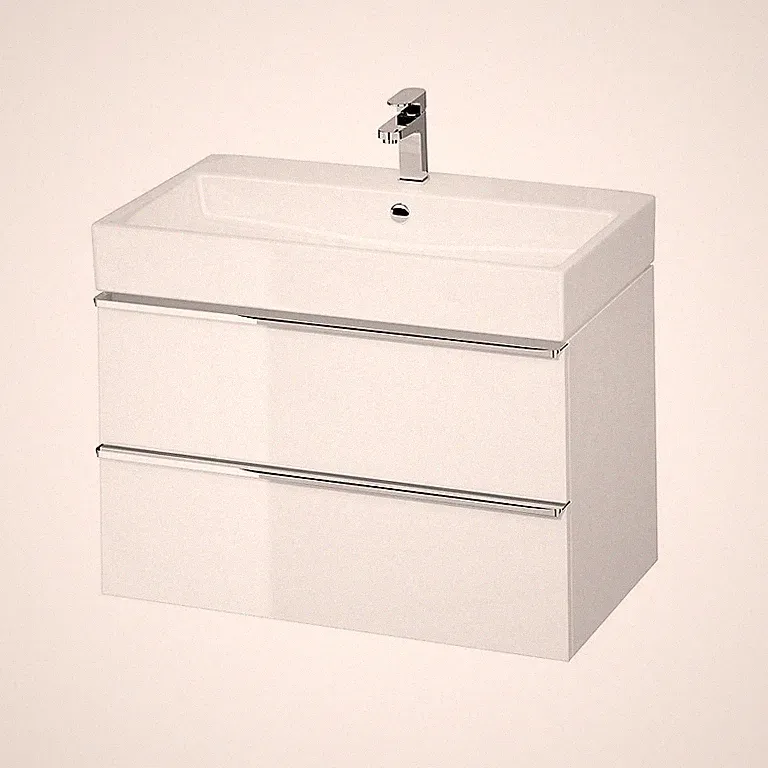 Badmöbel Set Waschbecken mit Unterschrank Waschtisch Silber Griffe VIRGO 80 Weiß
