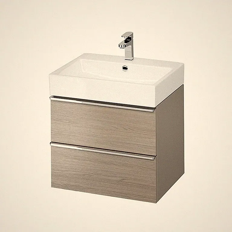 Badmöbel Set Waschbecken mit Unterschrank Waschtisch Silber Griffe VIRGO60 Eiche