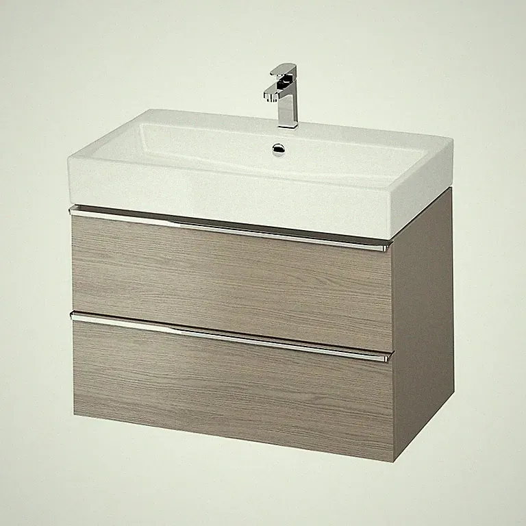Badmöbel Set Waschbecken mit Unterschrank Waschtisch Silber Griffe VIRGO80 Eiche