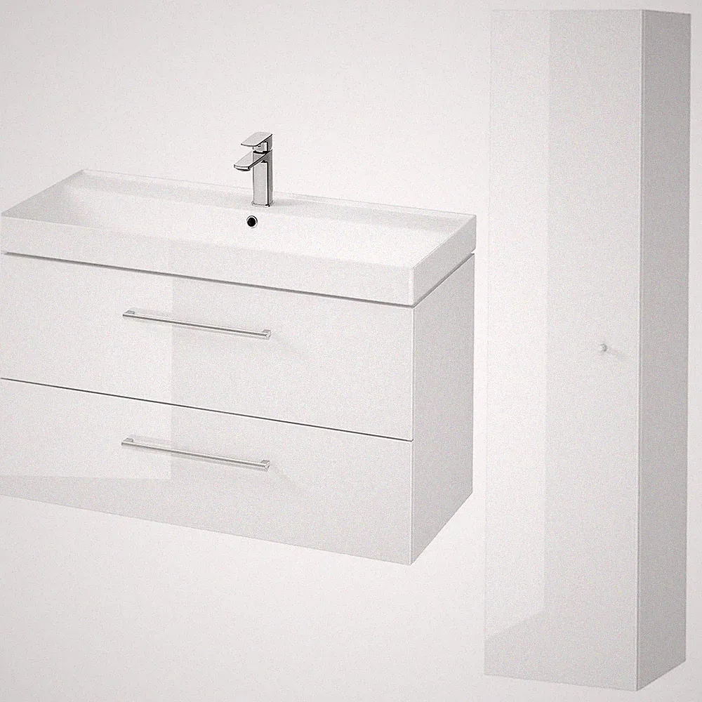 Badmöbel Set Waschbecken-Unterschrank 100 cm Hochschrank mit Spiegel 100 cm Weiß