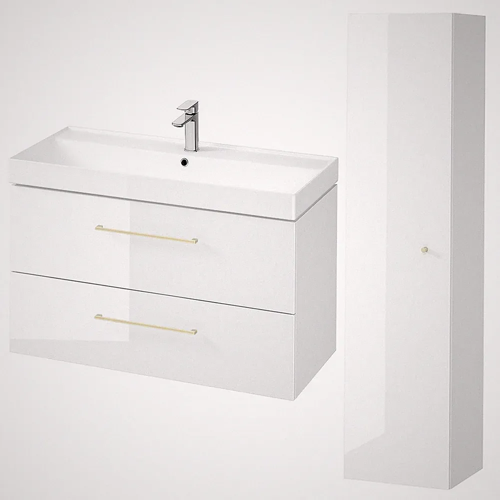 Badmöbel Set Waschbecken-Unterschrank 100 cm Hochschrank mit Spiegel 160 cm Weiß