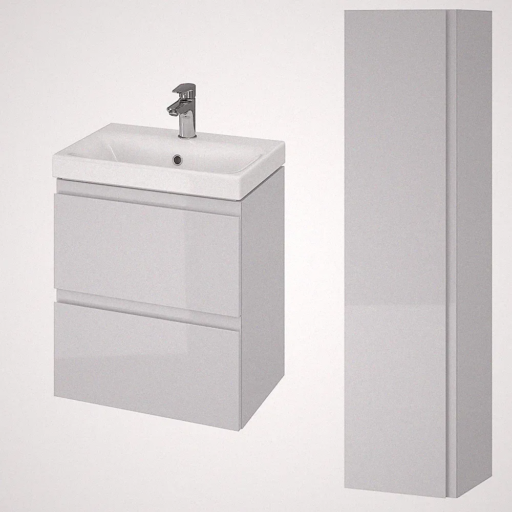 Badmöbel Set Waschbecken-Unterschrank 50 cm Hochschrank mit Spiegel 160 cm, Grau