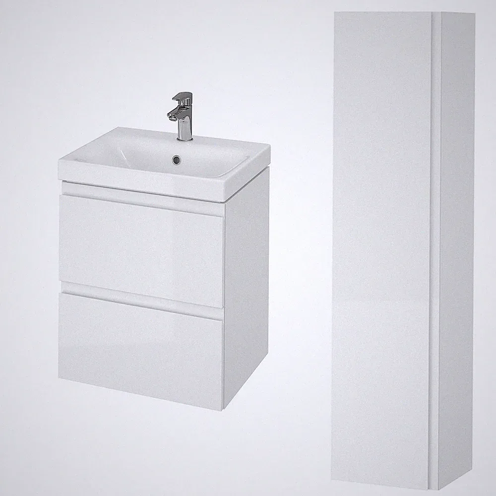 Badmöbel Set Waschbecken-Unterschrank 50 cm Hochschrank mit Spiegel 160 cm, Weiß