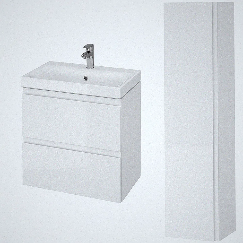 Badmöbel Set Waschbecken-Unterschrank 60 cm Hochschrank mit Spiegel 100 cm, Weiß